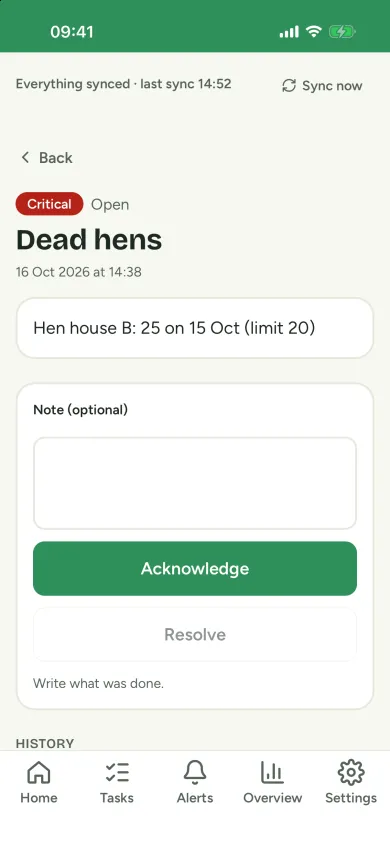 Critical alert opened in the app, ready to acknowledge